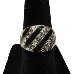 ESPO 14KT GE Silver Tone Black Enamel Striped Ring Clear Rhinestones Sz 5